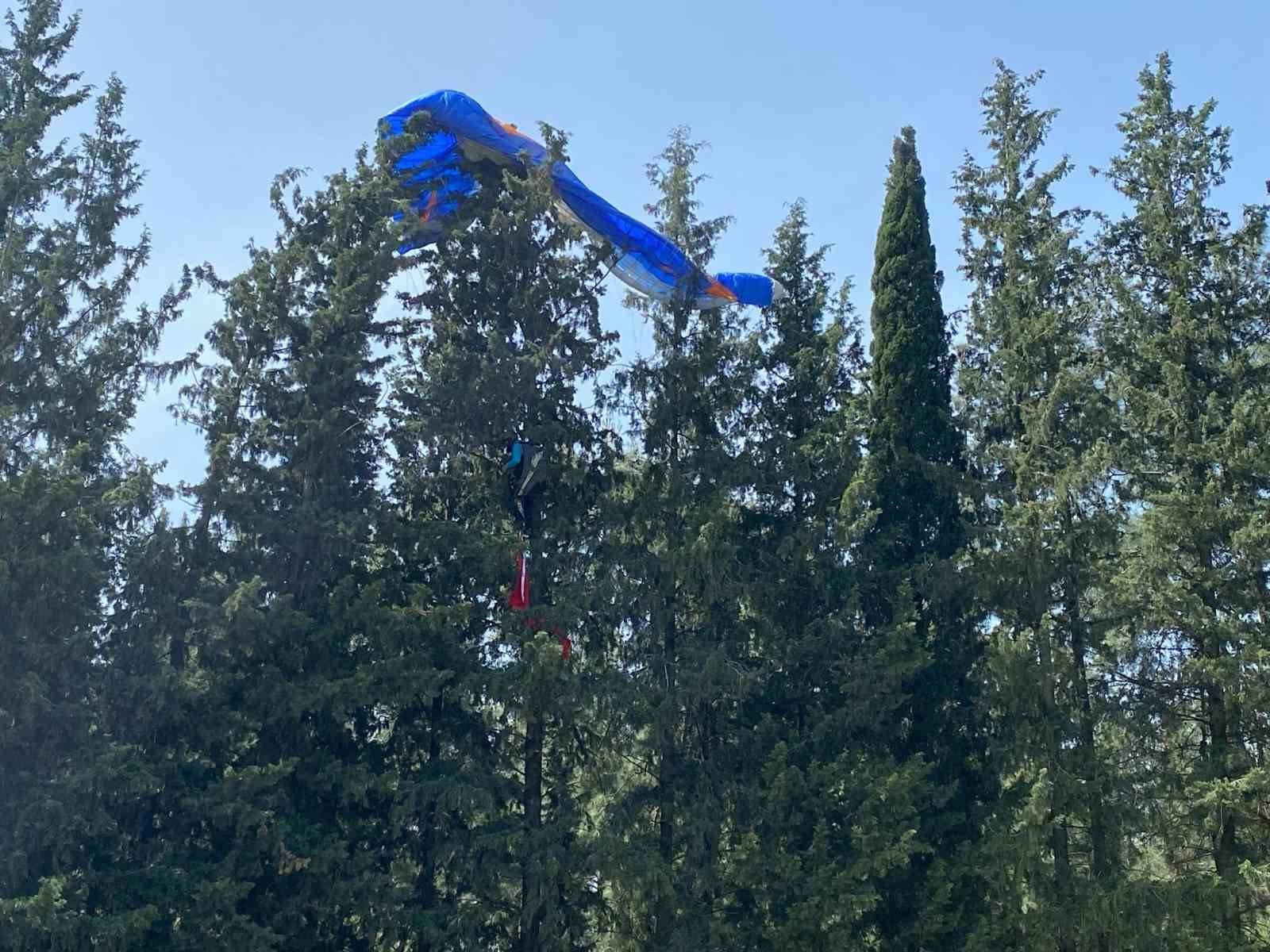 Kurtuluş etkinliklerinde gösteri yapan paraşüt pilotu ağaca takıldı
